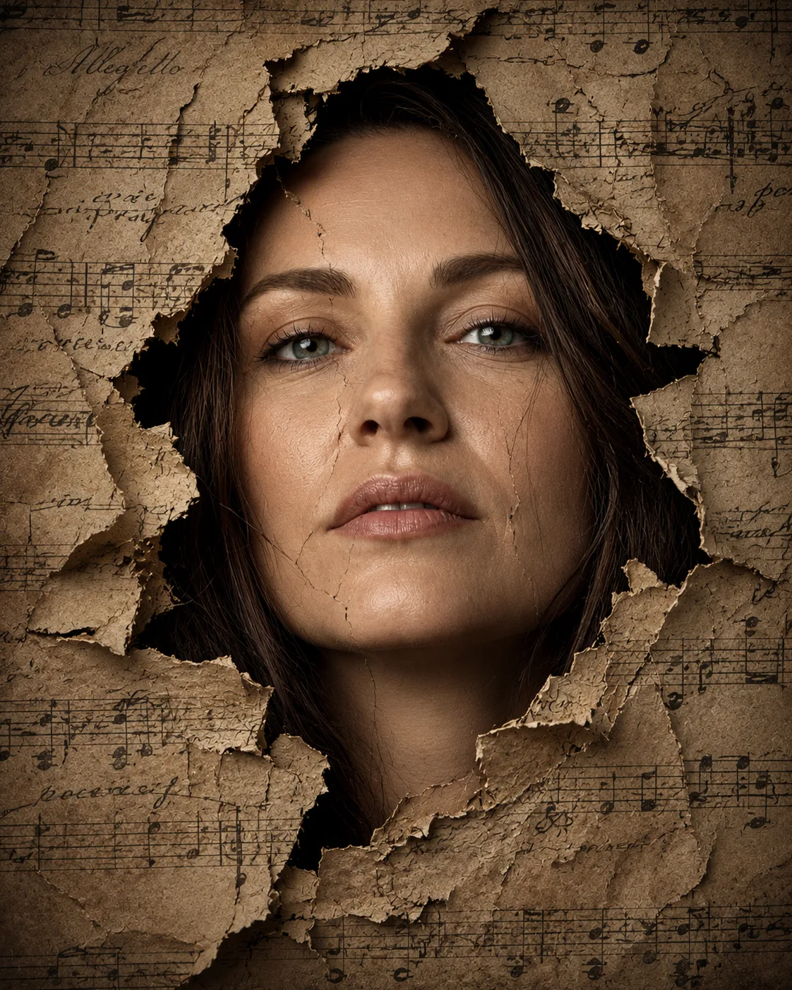 A woman breaking through an old music sheet