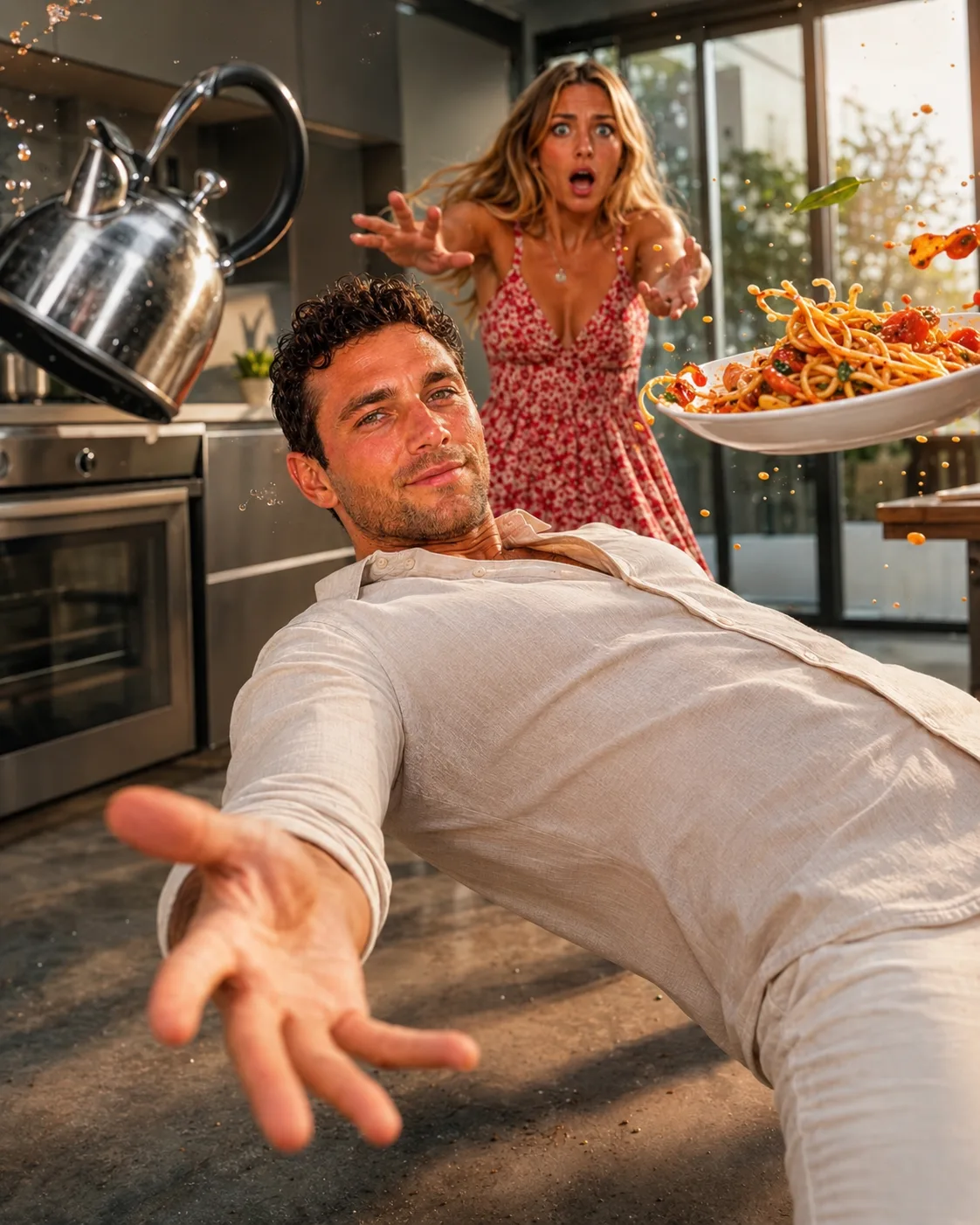 A man ducking from something a woman throws