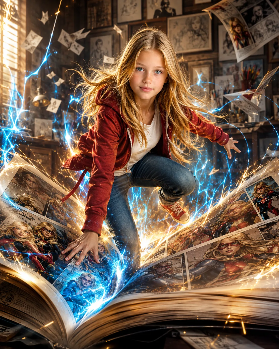 A young girl climbing out of a comic book