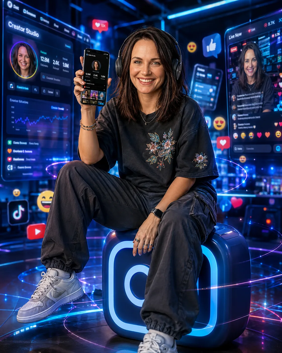 A woman sitting on a Instagram icon with social media screens behind her