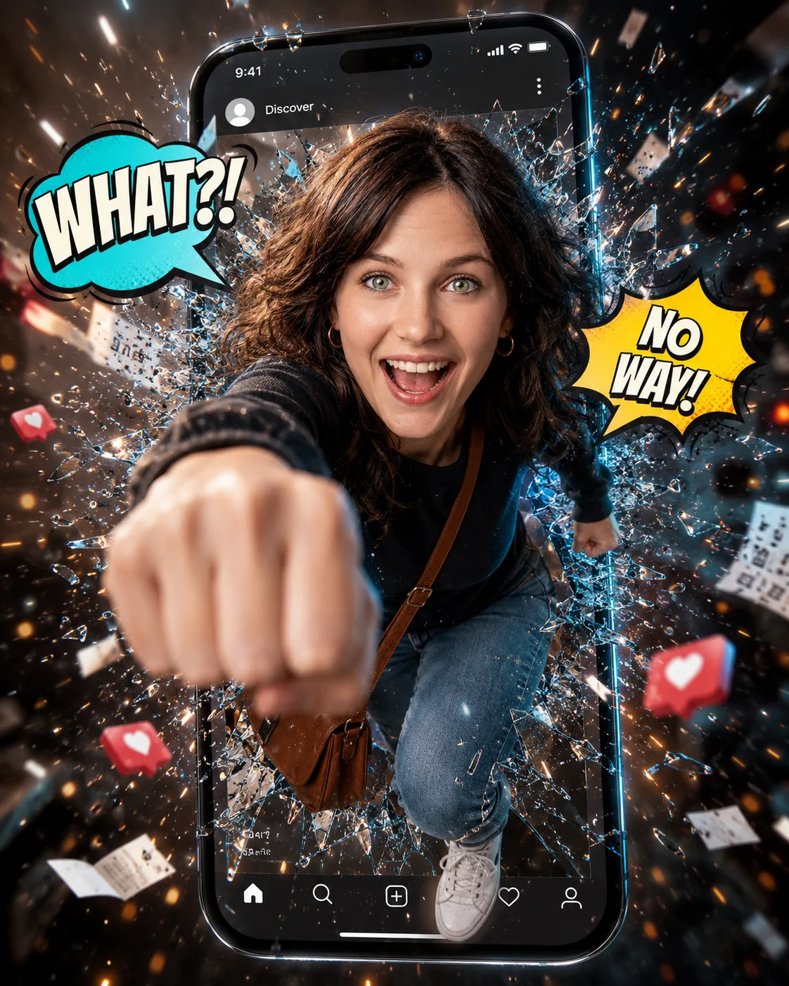 A female busting out of a social media platforms on a phone.