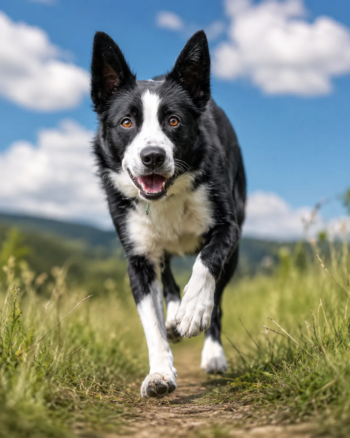 A border collie running towards the camera on a clear day