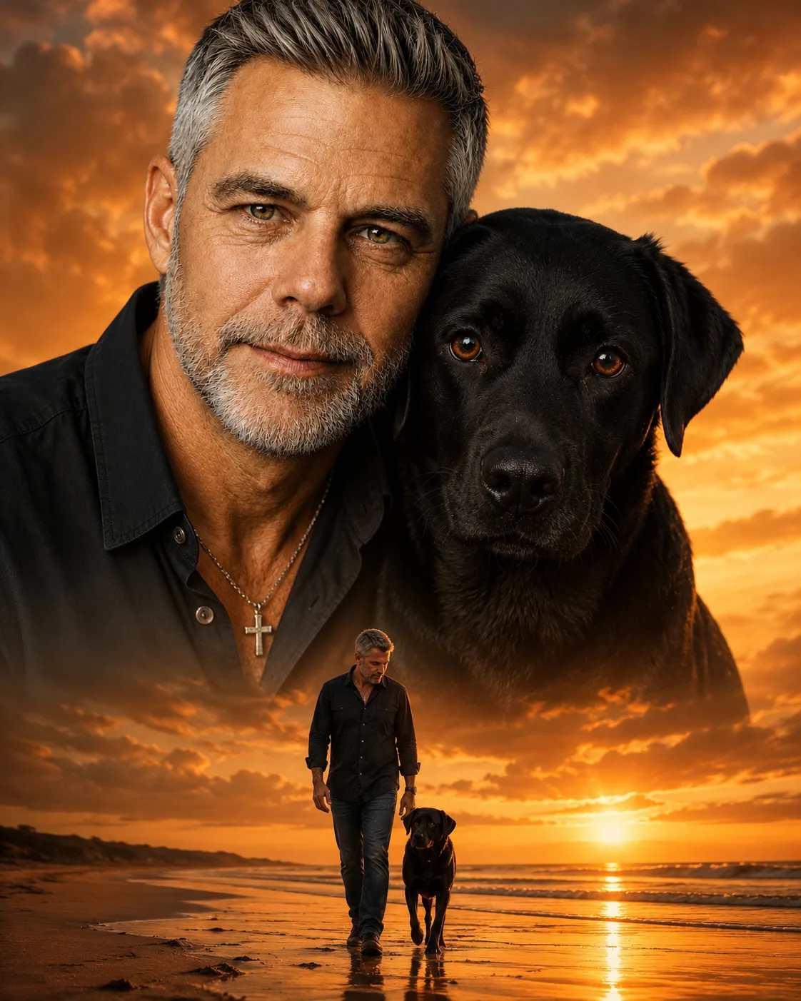 A portrait of a man and his dog with smaller versions of them walking on the beach