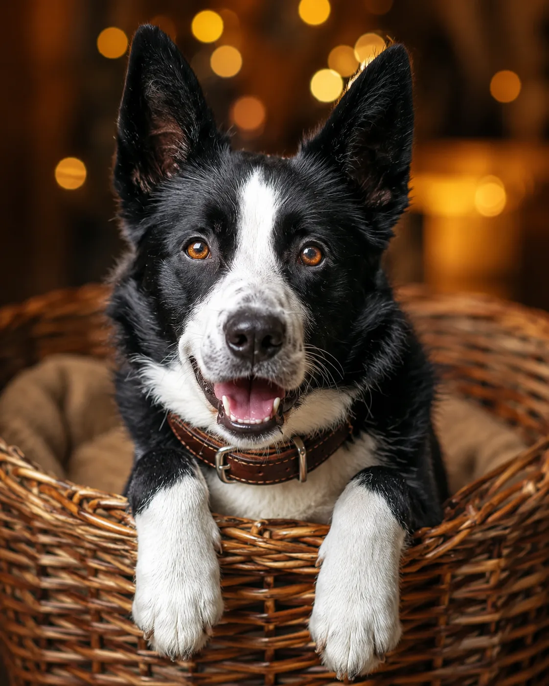 A dog posing for a portrait while laying in a basket