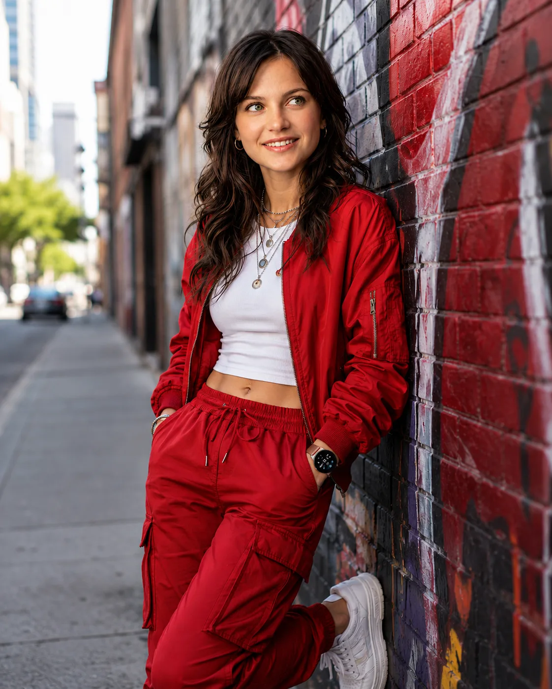 A woman in a red jump suit leaning against a wall of graffiti