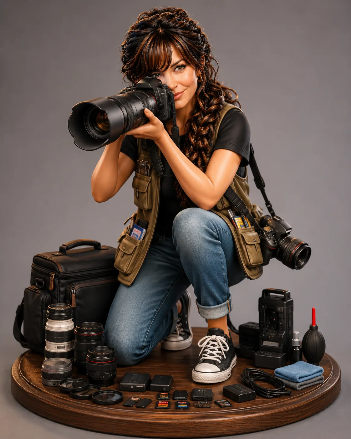 A 3d female character hold a camera with lens around her