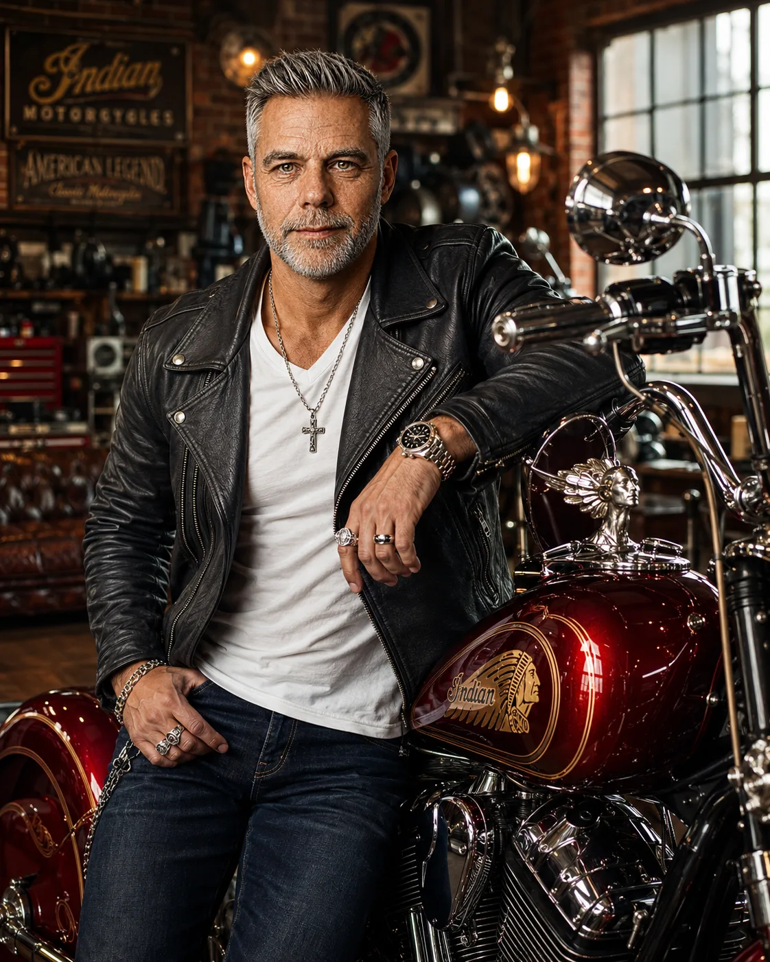 A man posing beside a classic motorcycle