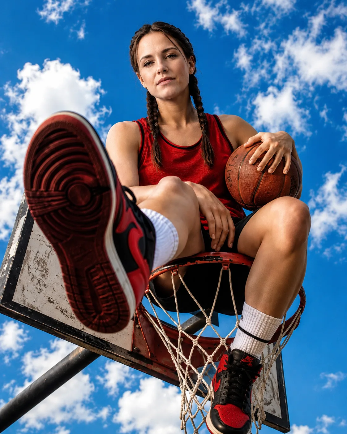 A basketball player sitting on the hoop